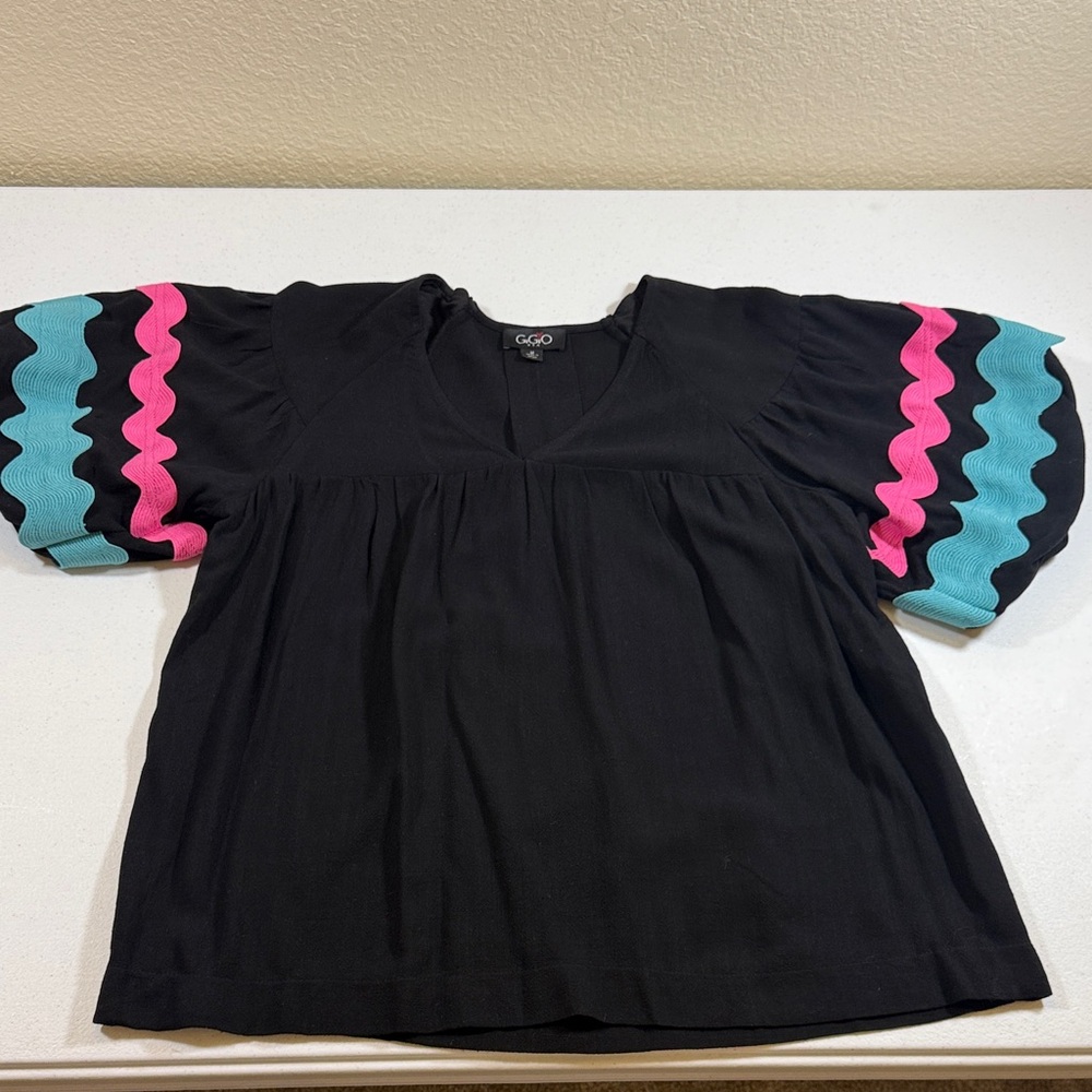 Gigio Black Puff Sleeve Blouse with Pink and Teal Wave Trim